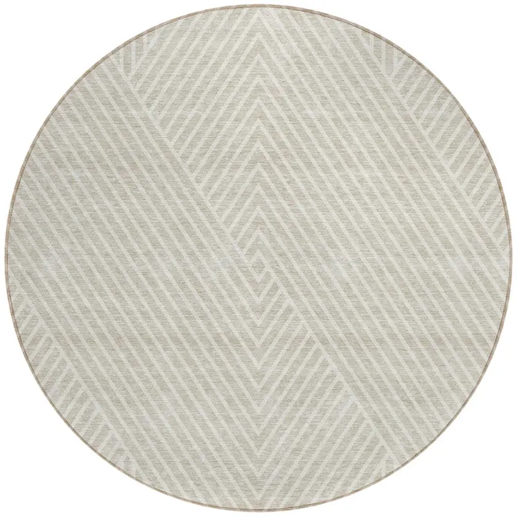 8' Beige And Ivory Round Geometric Washable Indoor Outdoor Area Rug