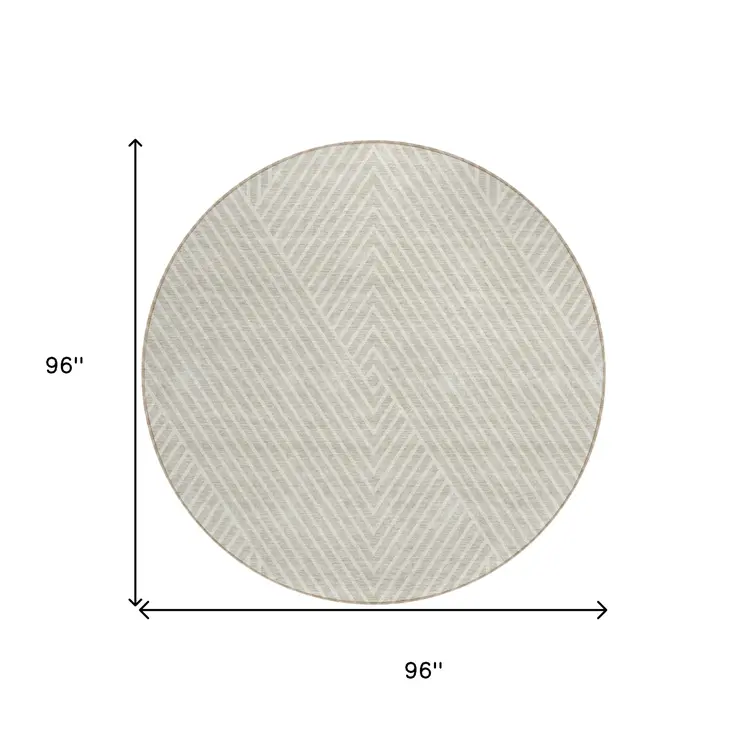 8' Beige And Ivory Round Geometric Washable Indoor Outdoor Area Rug