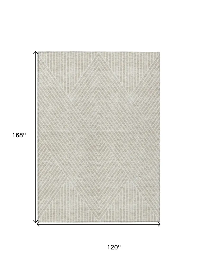 10' X 14' Beige And Ivory Geometric Washable Indoor Outdoor Area Rug