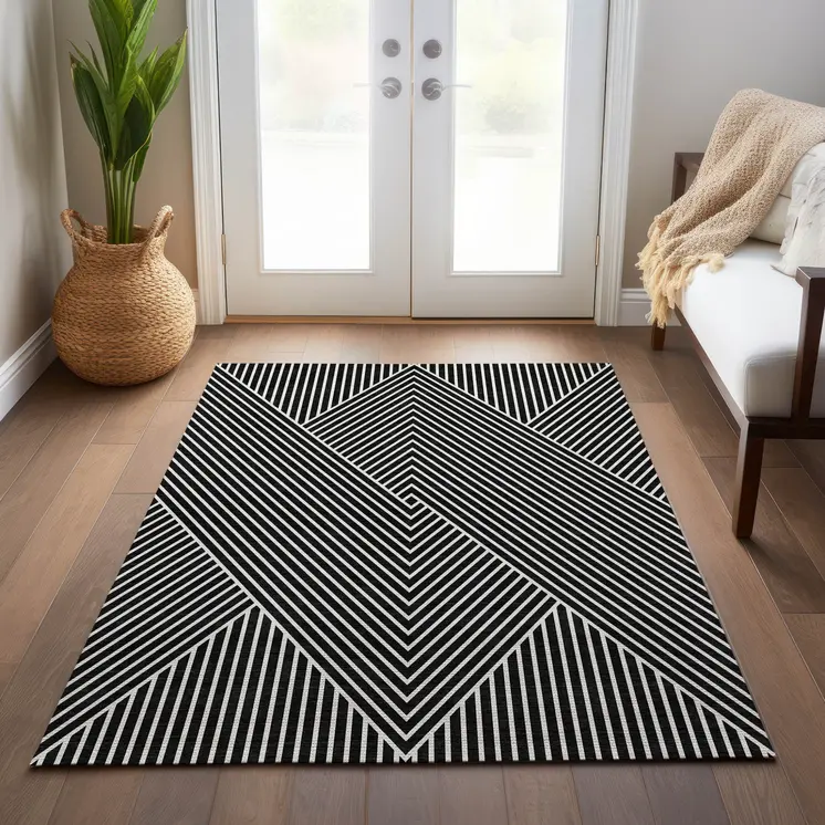 3' X 5' Black And Ivory Geometric Washable Indoor Outdoor Area Rug