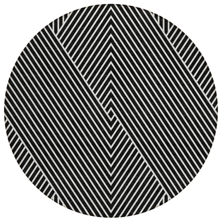 8' Black And Ivory Round Geometric Washable Indoor Outdoor Area Rug