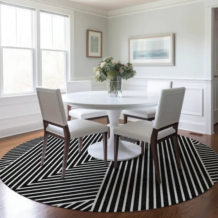 8' Black And Ivory Round Geometric Washable Indoor Outdoor Area Rug