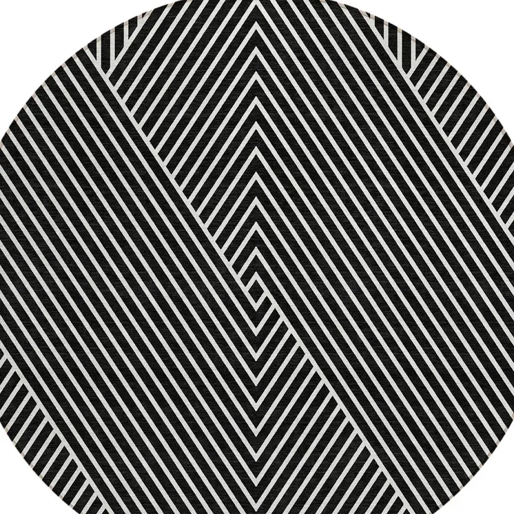 8' Black And Ivory Round Geometric Washable Indoor Outdoor Area Rug