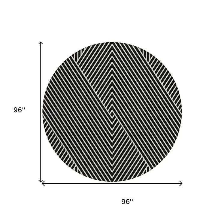 8' Black And Ivory Round Geometric Washable Indoor Outdoor Area Rug