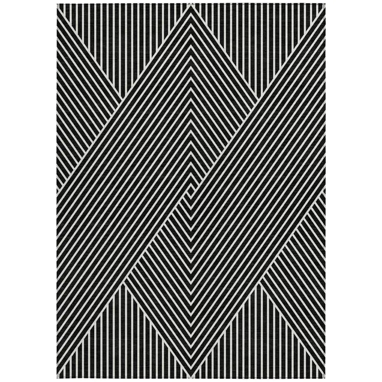 9' X 12' Black And Ivory Geometric Washable Indoor Outdoor Area Rug