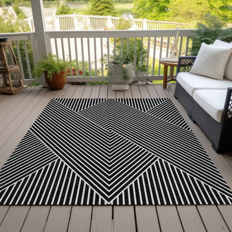 9' X 12' Black And Ivory Geometric Washable Indoor Outdoor Area Rug
