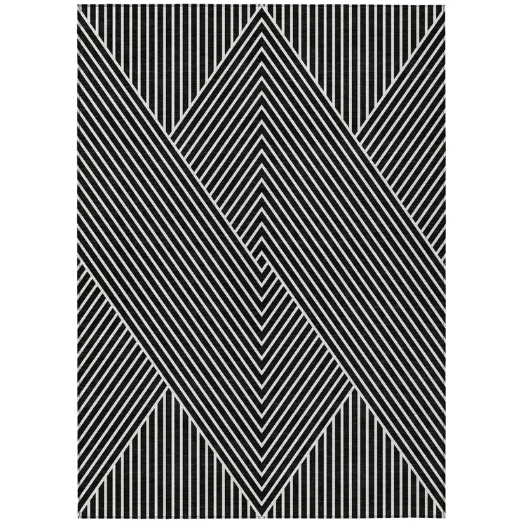 9' X 12' Black And Ivory Geometric Washable Indoor Outdoor Area Rug