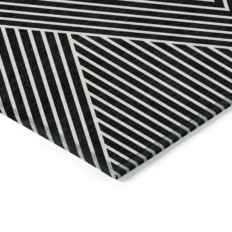 9' X 12' Black And Ivory Geometric Washable Indoor Outdoor Area Rug