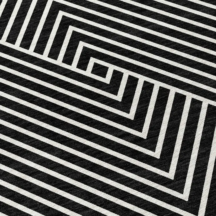 9' X 12' Black And Ivory Geometric Washable Indoor Outdoor Area Rug