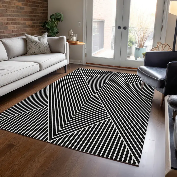 9' X 12' Black And Ivory Geometric Washable Indoor Outdoor Area Rug