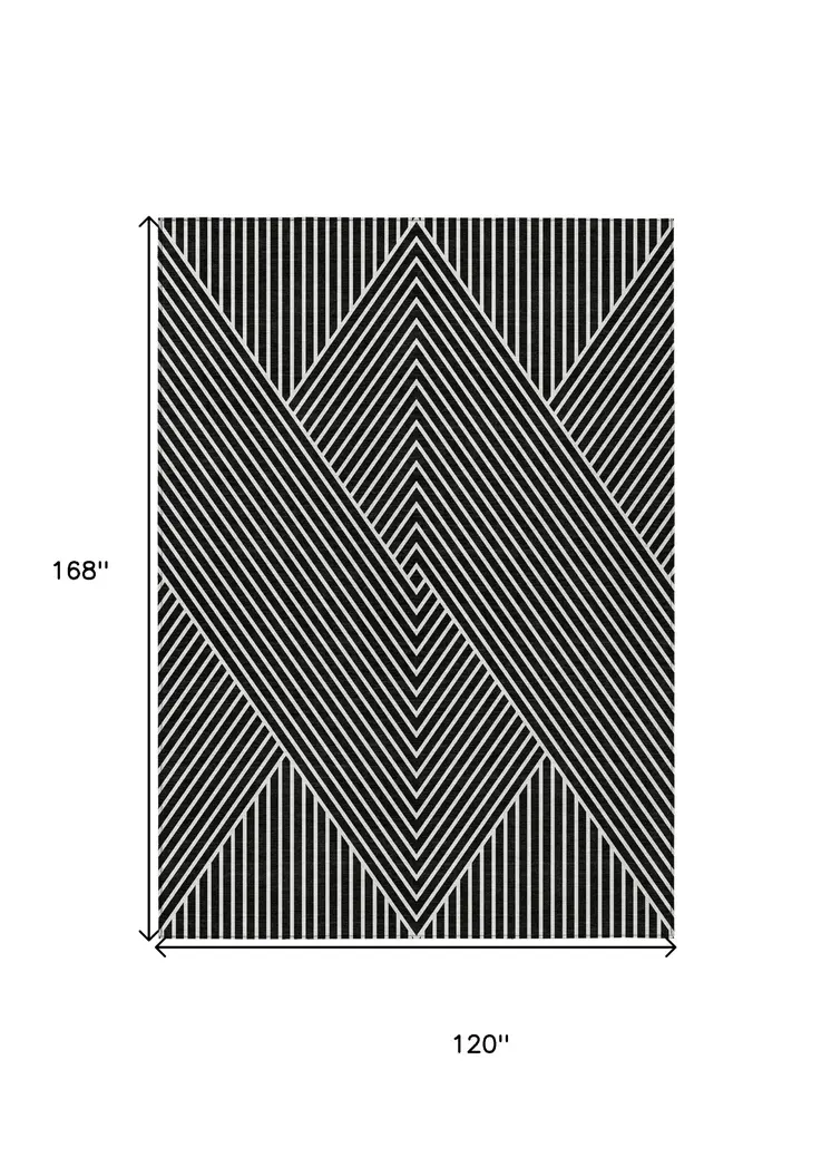 10' X 14' Black And Ivory Geometric Washable Indoor Outdoor Area Rug