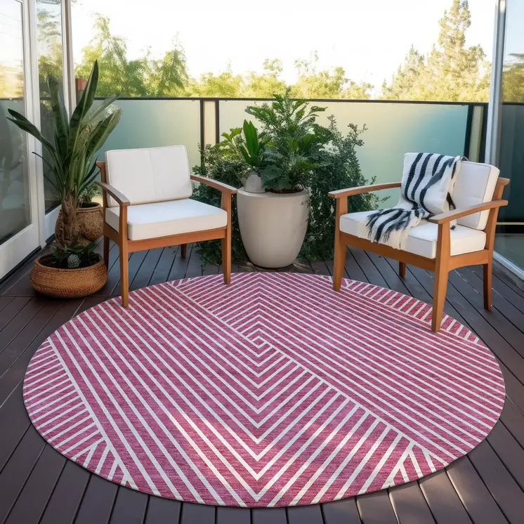 8' Blush And Ivory Round Geometric Washable Indoor Outdoor Area Rug