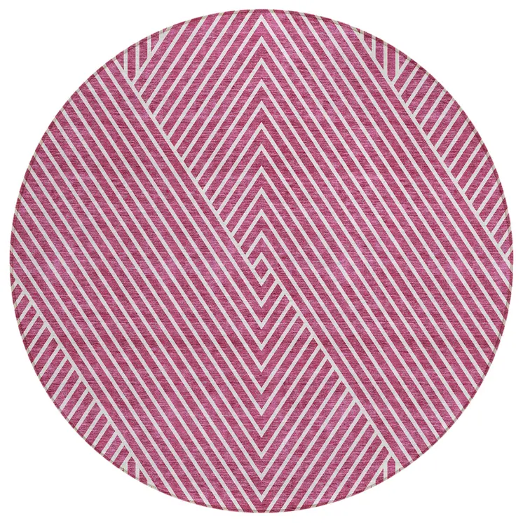 8' Blush And Ivory Round Geometric Washable Indoor Outdoor Area Rug