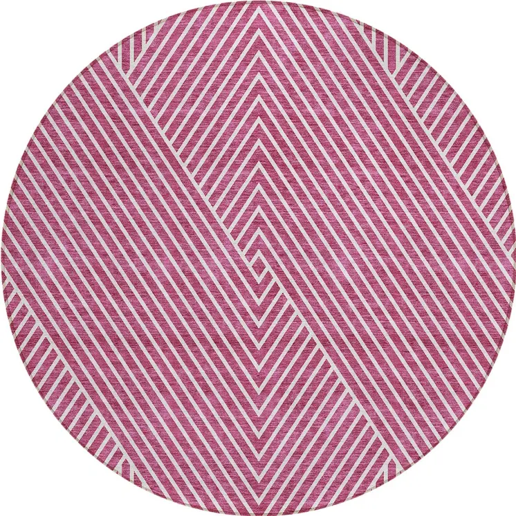 8' Blush And Ivory Round Geometric Washable Indoor Outdoor Area Rug