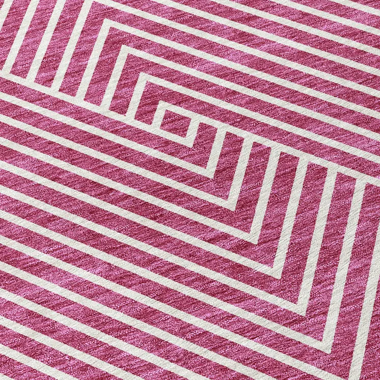 8' Blush And Ivory Round Geometric Washable Indoor Outdoor Area Rug