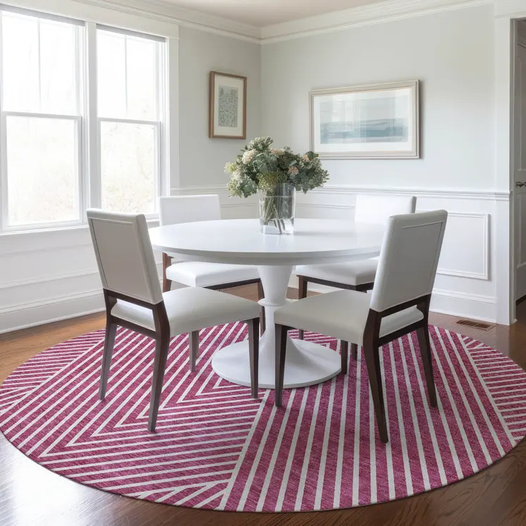 8' Blush And Ivory Round Geometric Washable Indoor Outdoor Area Rug