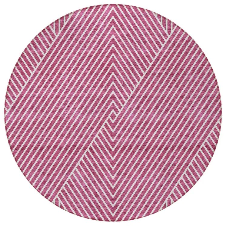 8' Blush And Ivory Round Geometric Washable Indoor Outdoor Area Rug