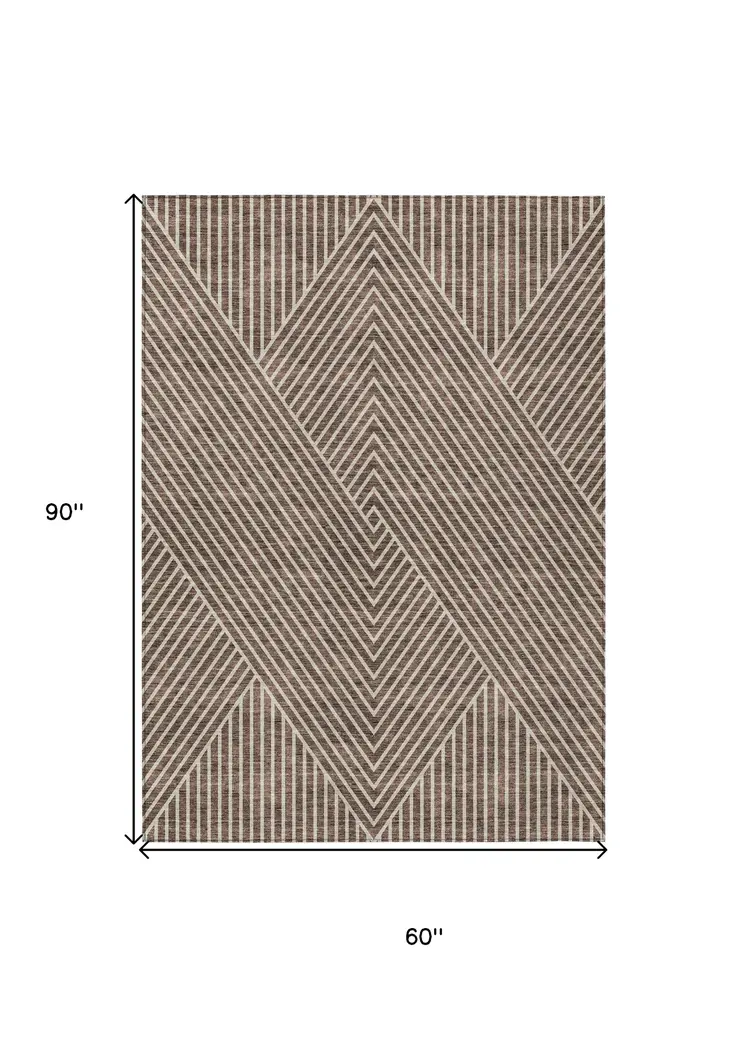 5' X 8' Brown And Ivory Geometric Washable Indoor Outdoor Area Rug