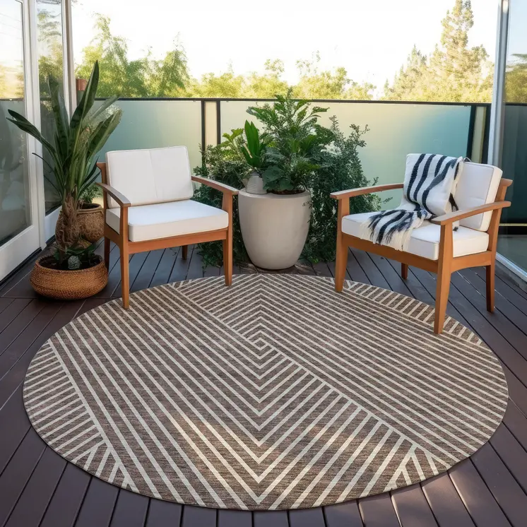 8' Brown And Ivory Round Geometric Washable Indoor Outdoor Area Rug