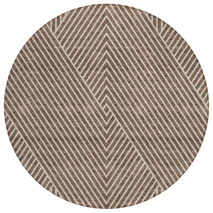 8' Brown And Ivory Round Geometric Washable Indoor Outdoor Area Rug