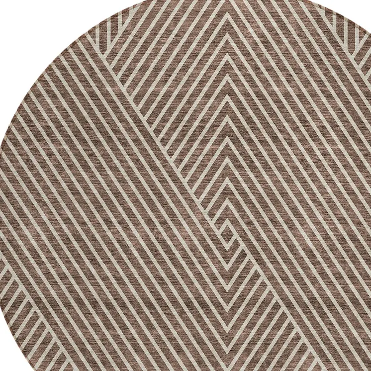 8' Brown And Ivory Round Geometric Washable Indoor Outdoor Area Rug
