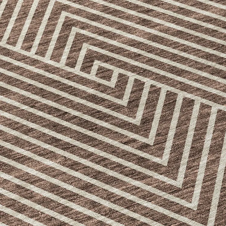 8' Brown And Ivory Round Geometric Washable Indoor Outdoor Area Rug