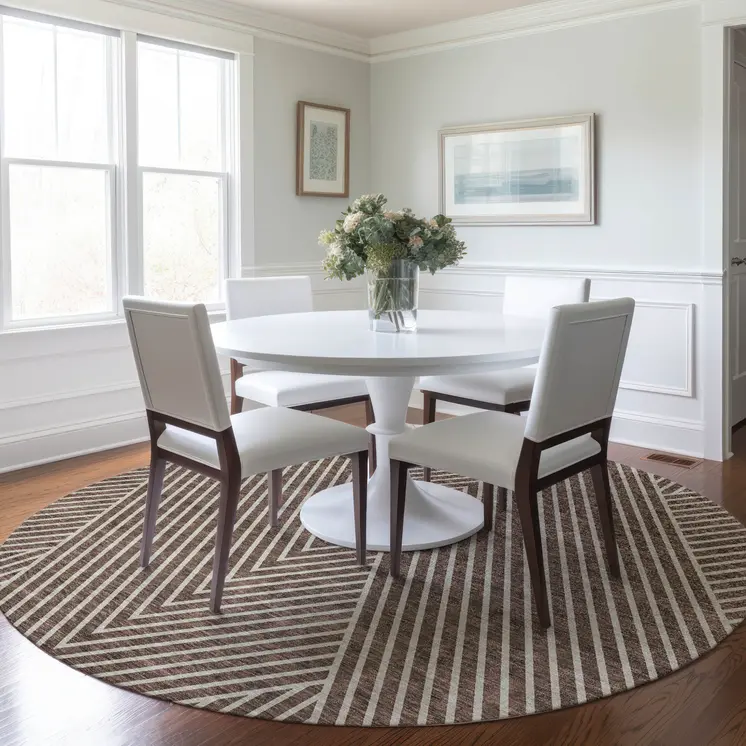 8' Brown And Ivory Round Geometric Washable Indoor Outdoor Area Rug