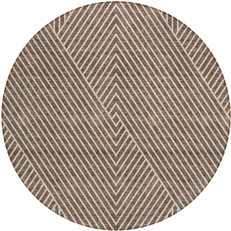 8' Brown And Ivory Round Geometric Washable Indoor Outdoor Area Rug