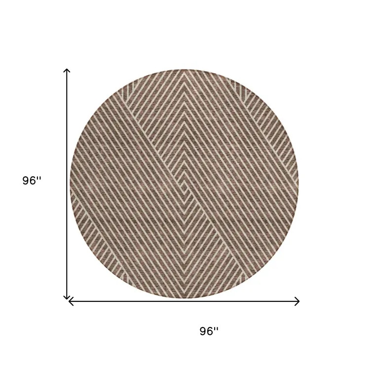 8' Brown And Ivory Round Geometric Washable Indoor Outdoor Area Rug
