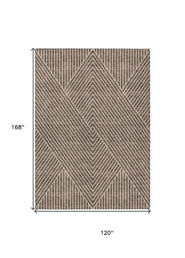 10' X 14' Brown And Ivory Geometric Washable Indoor Outdoor Area Rug