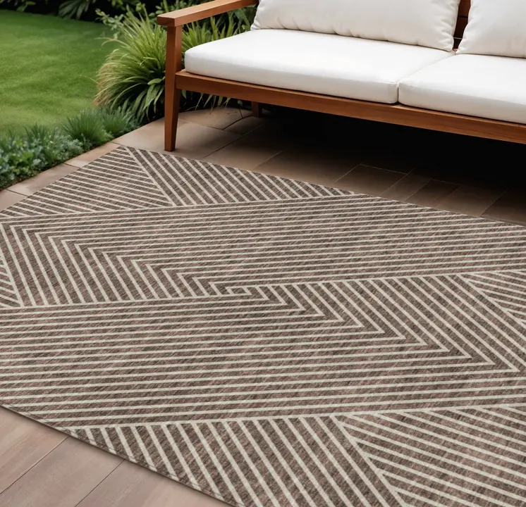 10' X 14' Brown And Ivory Geometric Washable Indoor Outdoor Area Rug