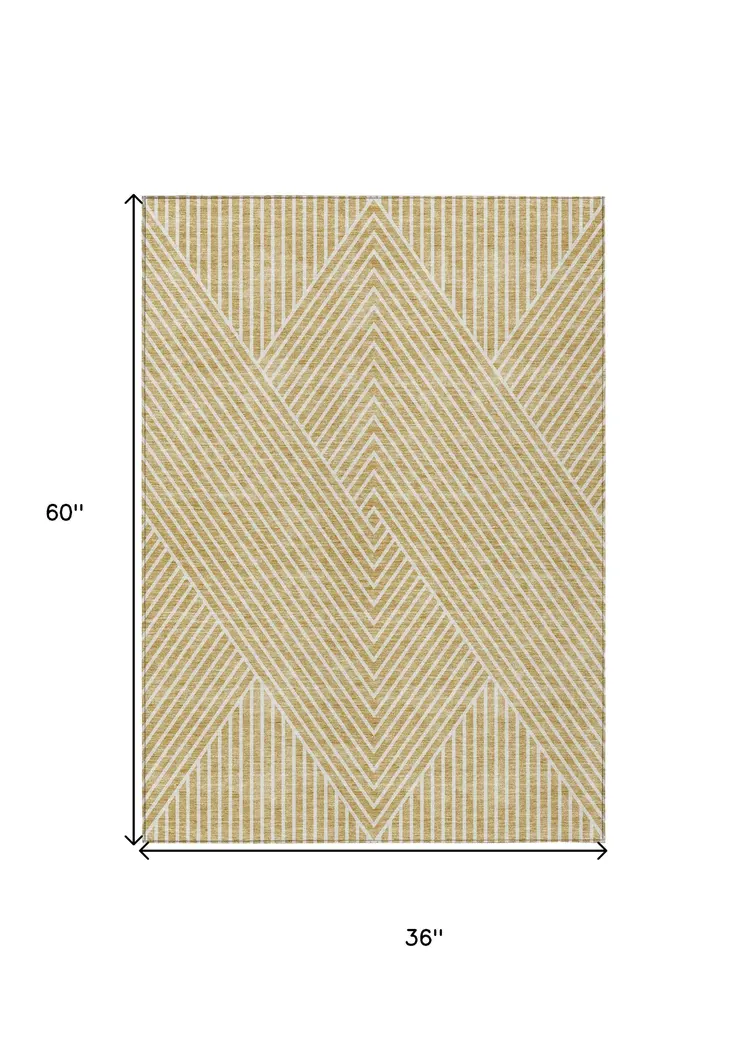 3' X 5' Gold And Ivory Geometric Washable Indoor Outdoor Area Rug
