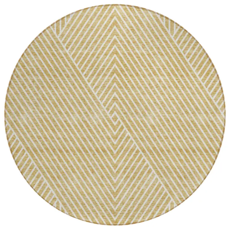 8' Gold And Ivory Round Geometric Washable Indoor Outdoor Area Rug