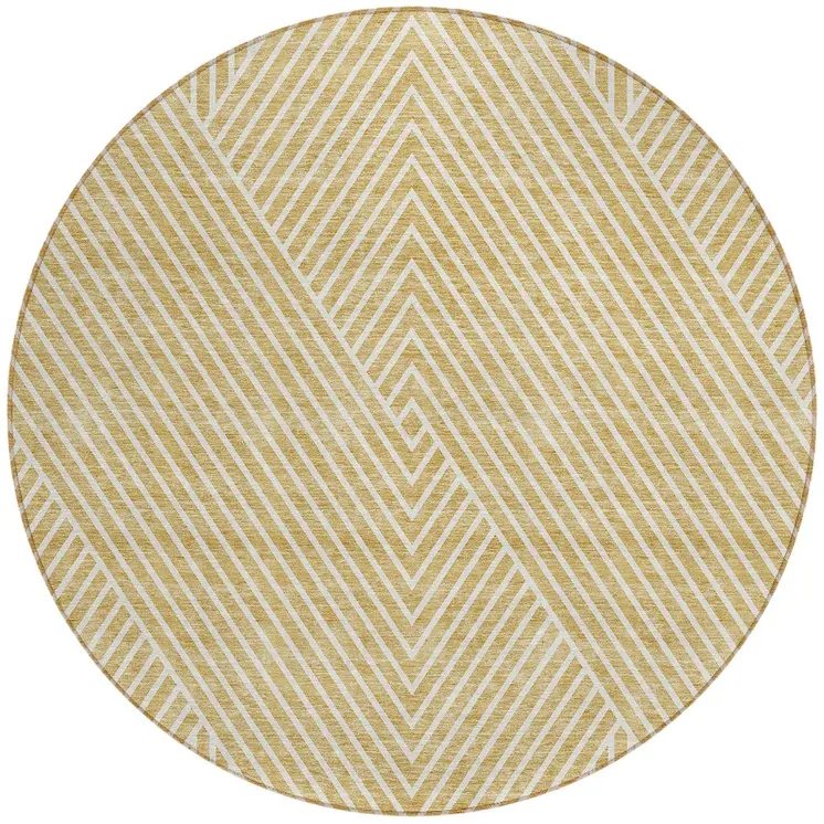 8' Gold And Ivory Round Geometric Washable Indoor Outdoor Area Rug
