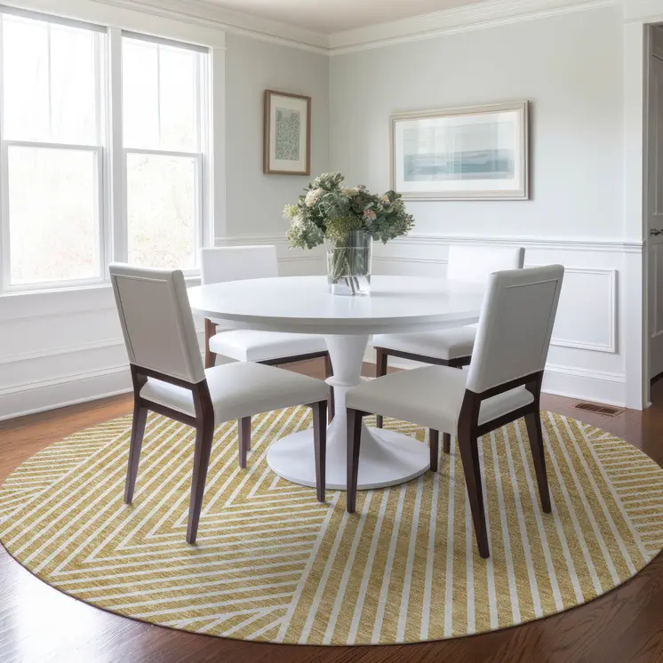 8' Gold And Ivory Round Geometric Washable Indoor Outdoor Area Rug