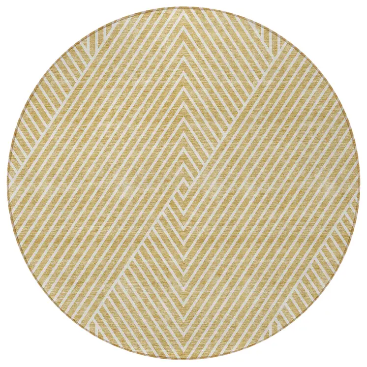8' Gold And Ivory Round Geometric Washable Indoor Outdoor Area Rug