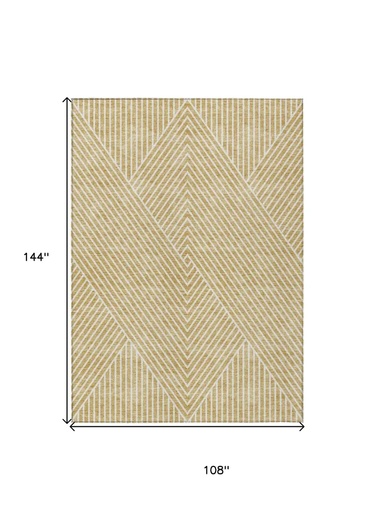 9' X 12' Gold And Ivory Geometric Washable Indoor Outdoor Area Rug