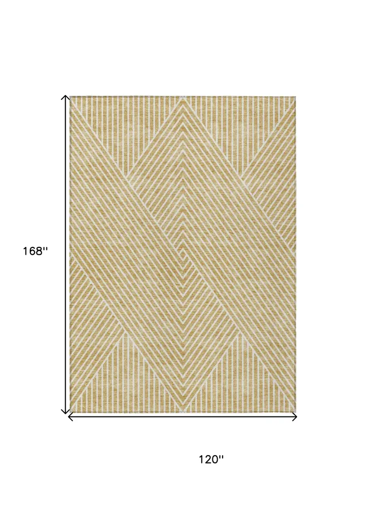 10' X 14' Gold And Ivory Geometric Washable Indoor Outdoor Area Rug