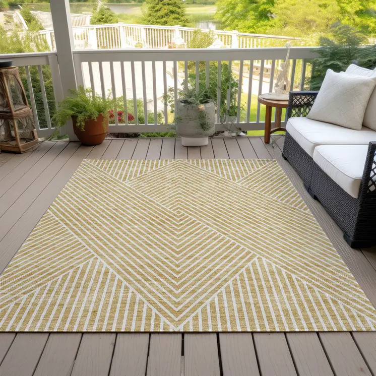 10' X 14' Gold And Ivory Geometric Washable Indoor Outdoor Area Rug