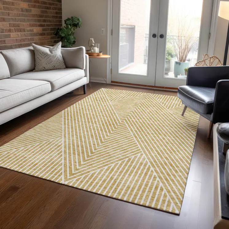 10' X 14' Gold And Ivory Geometric Washable Indoor Outdoor Area Rug