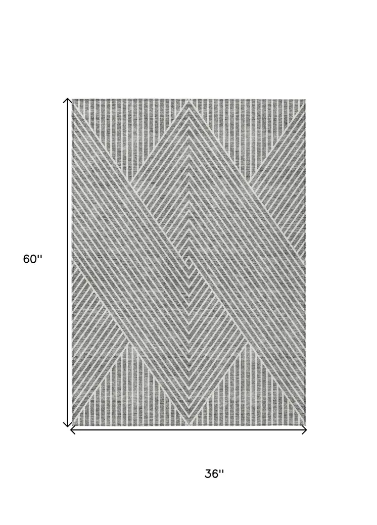 3' X 5' Gray And Ivory Geometric Washable Indoor Outdoor Area Rug