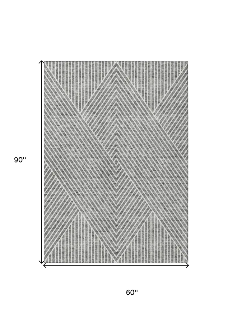 5' X 8' Gray And Ivory Geometric Washable Indoor Outdoor Area Rug