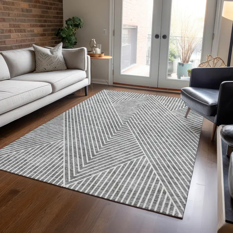 5' X 8' Gray And Ivory Geometric Washable Indoor Outdoor Area Rug