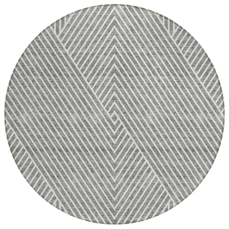 8' Gray And Ivory Round Geometric Washable Indoor Outdoor Area Rug