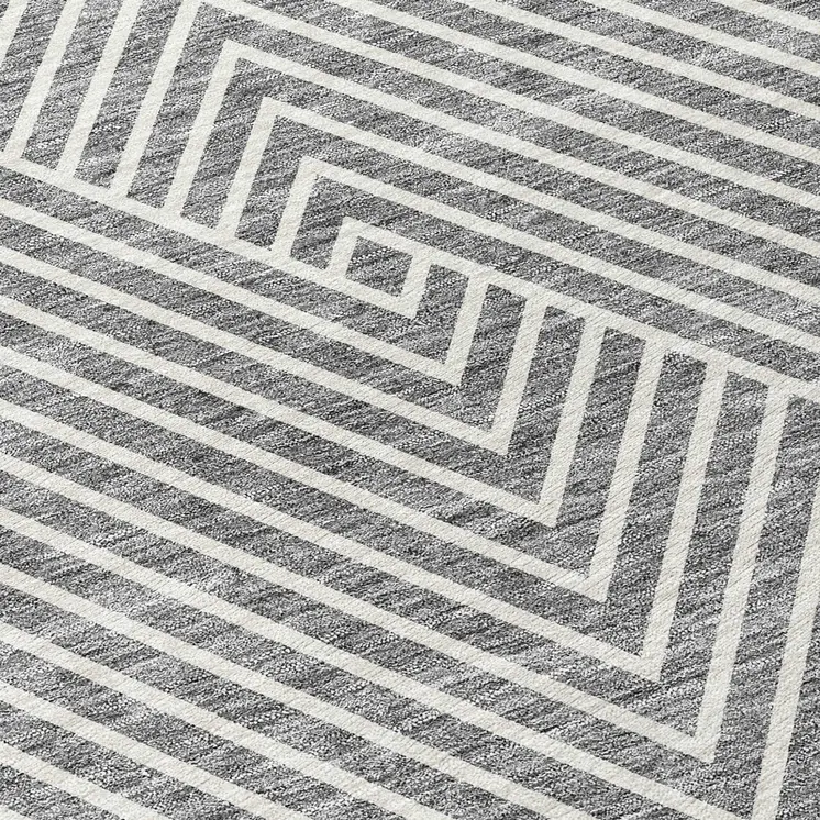 8' Gray And Ivory Round Geometric Washable Indoor Outdoor Area Rug
