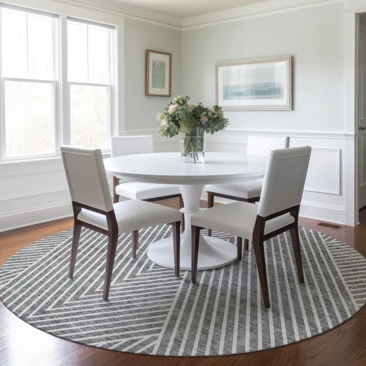8' Gray And Ivory Round Geometric Washable Indoor Outdoor Area Rug