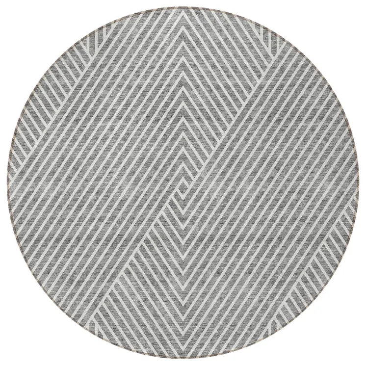 8' Gray And Ivory Round Geometric Washable Indoor Outdoor Area Rug