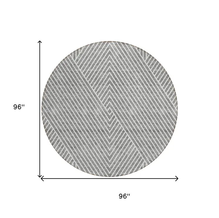 8' Gray And Ivory Round Geometric Washable Indoor Outdoor Area Rug