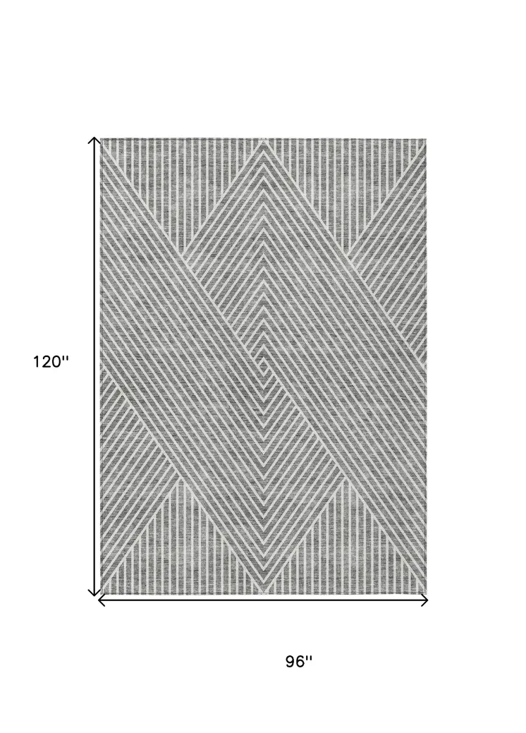 8' X 10' Gray And Ivory Geometric Washable Indoor Outdoor Area Rug