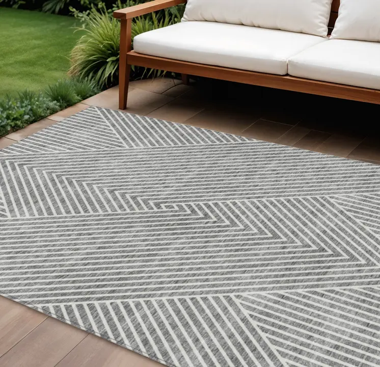 8' X 10' Gray And Ivory Geometric Washable Indoor Outdoor Area Rug